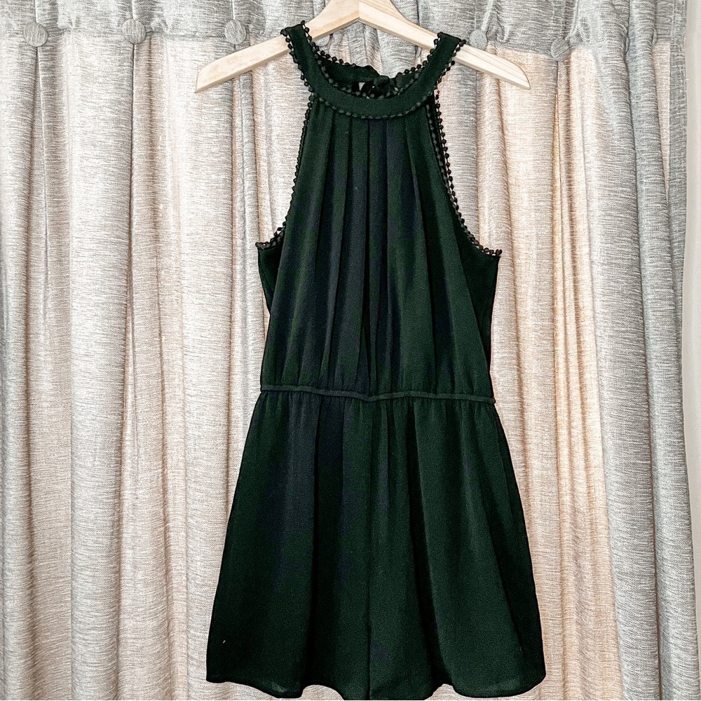 Black Pom Pom Trim Cinched Waist High-neck Romper Size Medium